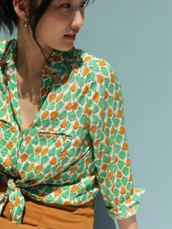 Anthropologie Conversations Pear Print Button Up Shirt Size 10 - Picture 1 of 12